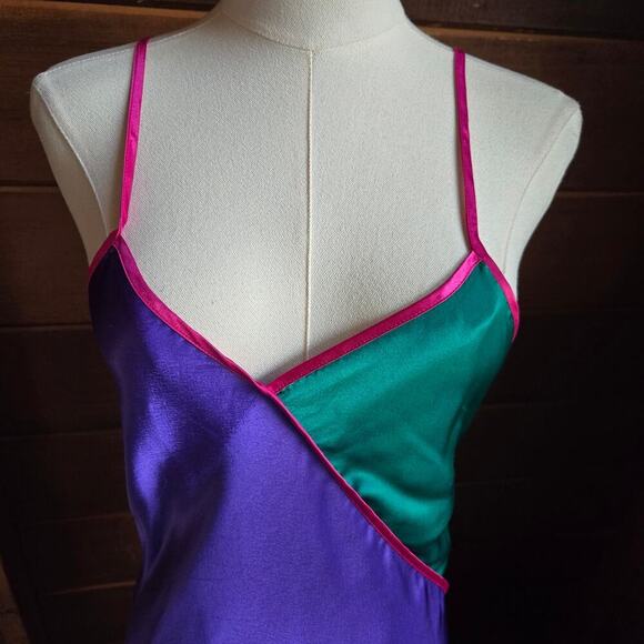 VTG 90s Faye Satin Colorblock Slip Midi Dress S Coquette Nightgown Jewel Tones - Picture 3 of 11
